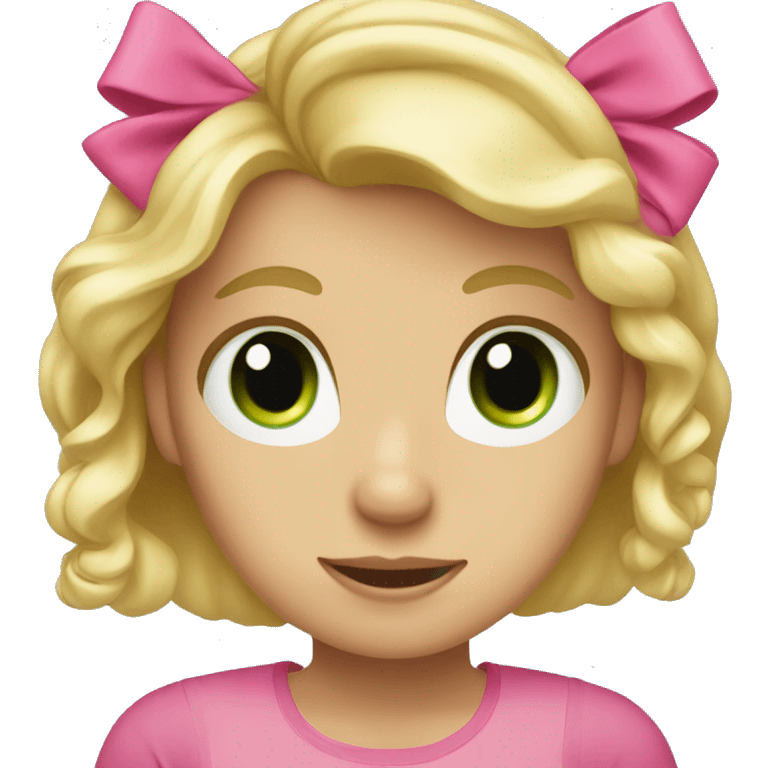 Blonde with long hair and a pink bow with a green shirt and green eyes emoji