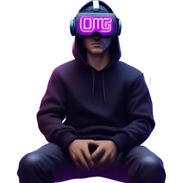 Russian man wearing a black hoodie with "OMG" letters on it and VR headset in a cyberpunk VR environment with violet neon lighting. emoji