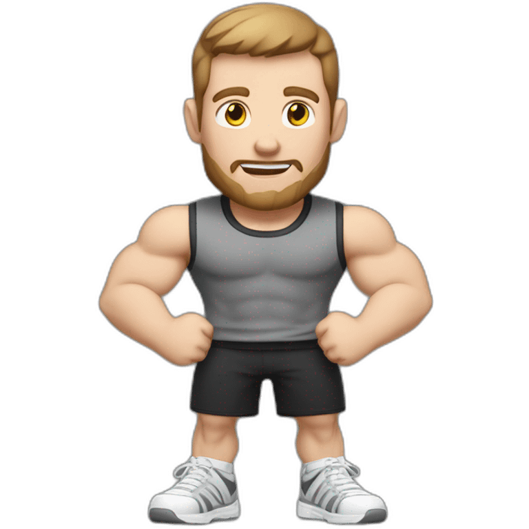 Close up Actively gesturing  with hands Pale skinned Fit Man With the biceps and brown hair in dark gray Sleeveless Mike, black oversize sports shorts, watch and white Sneakers emoji