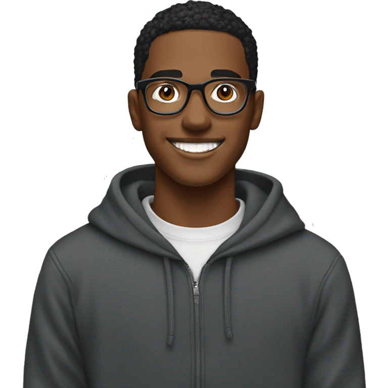 Entrepreneurial 20-year-old boy with black sweatshirt and circular glasses smiling emoji