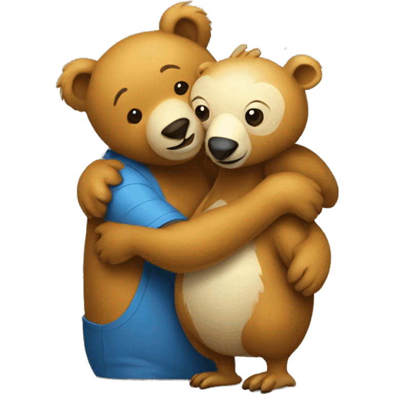 a bear animal and a dodo animal hugging emoji