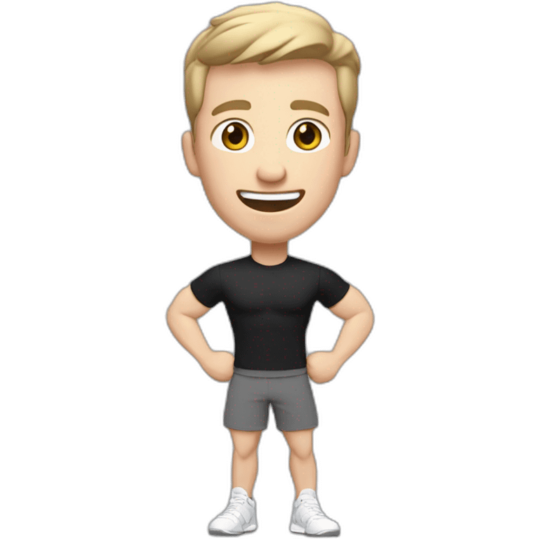 Joyful Celebrating victory Pale skinned Fit Man With the biceps and dark brown hair in black shirt, gray sports shorts and white Sneakers emoji