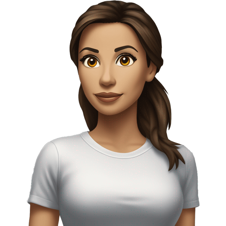 3/4 face, contrasted, shadow, light, Eva Longoria expression, standing from a distance, thin nose, brunette woman, hazel eyes, long eyelashes, dark shoulder shaded hair, white t-shirt, jeans, white sneakers emoji