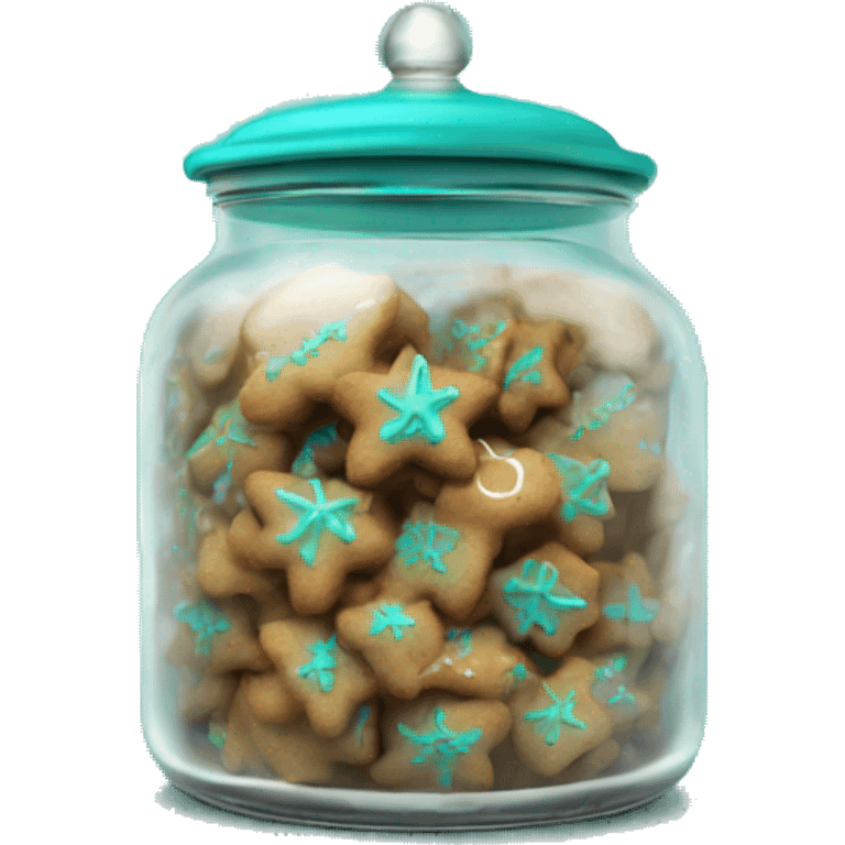 Realistic glass cookie jar with turquoise lid full of gingerbread cookies isolated.  emoji