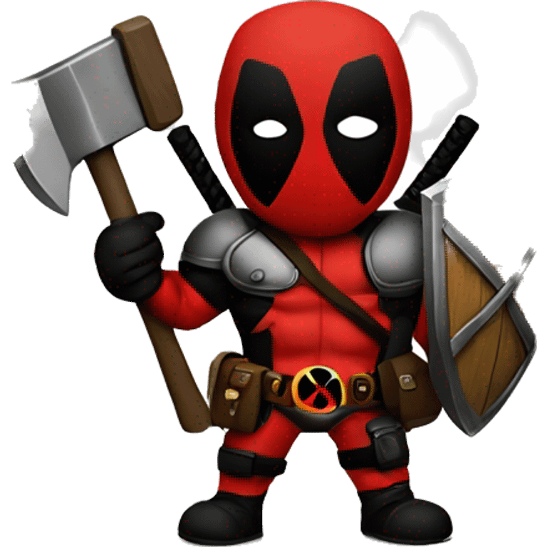 Deadpool holding Viking shield and a hammer emoji