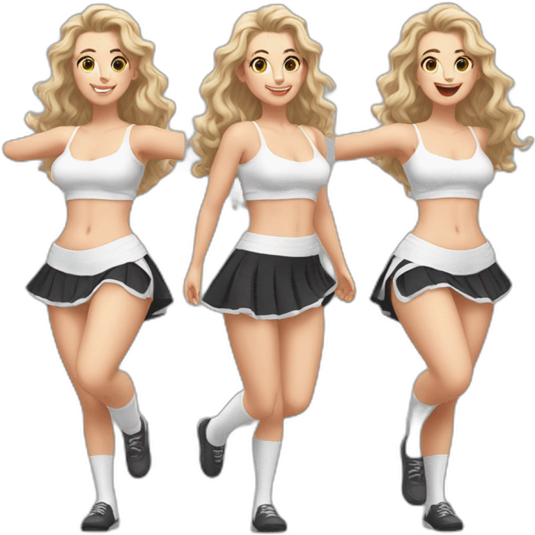 realistic full body caucasian curvy beauty jumping short black skirt back and front views strong wind white knickers long white socks emoji