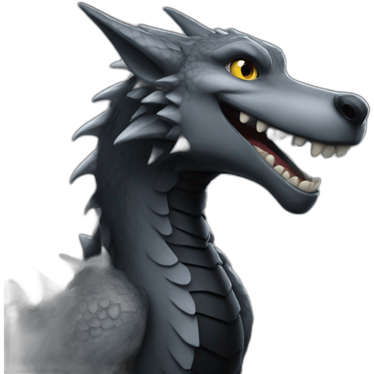 Grey Woolf smiling on a black dragon emoji