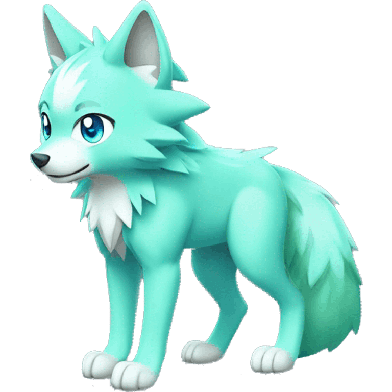 Cute Shy Shiny Pastel-Green Fakémon-Wolf-Pokémon with Cyan-Blue eyes Full Body emoji