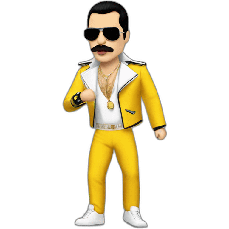 Freddie mercury cantando con chaqueta amarilla y pantalón blanco emoji