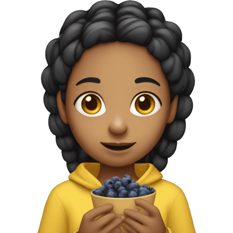 Girl wearing yellow hoodie with black hair braids eating blueberries. She is not black or white she is south Asian so light brown emoji