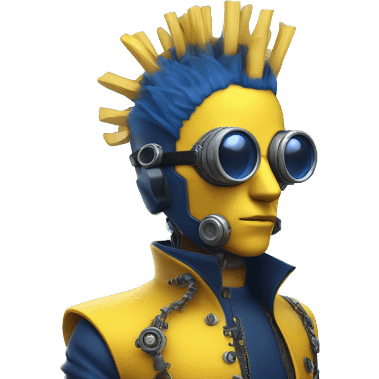 Yellow cyborg head with dark blue steampunk goggles and dark blue Mohawk  emoji