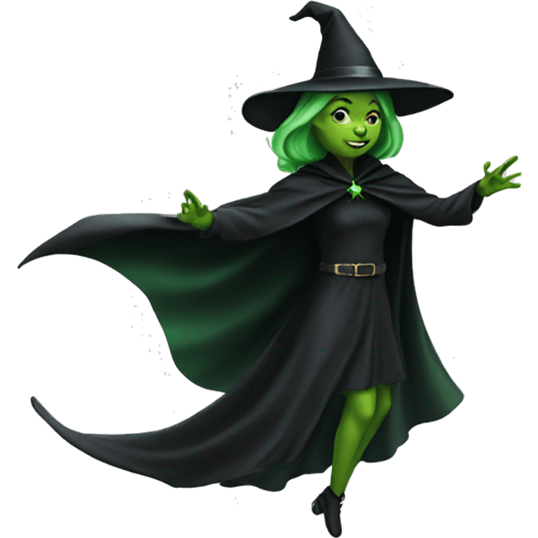 Flying green witch with black cape emoji