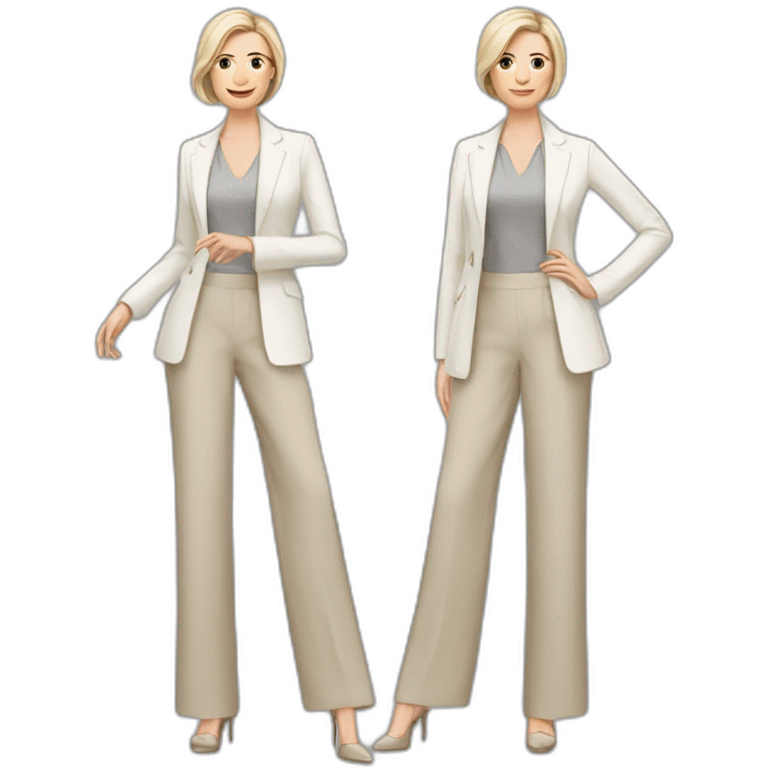 Full height Actively gesturing with hands pale skin woman with ash blonde Straightened bob Hair, White Spacious classical jacket, beige palazzo Arrow pants and gray blouse emoji