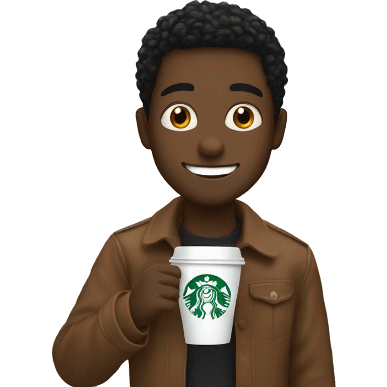 A young black man drinking Starbucks, coffee waving emoji