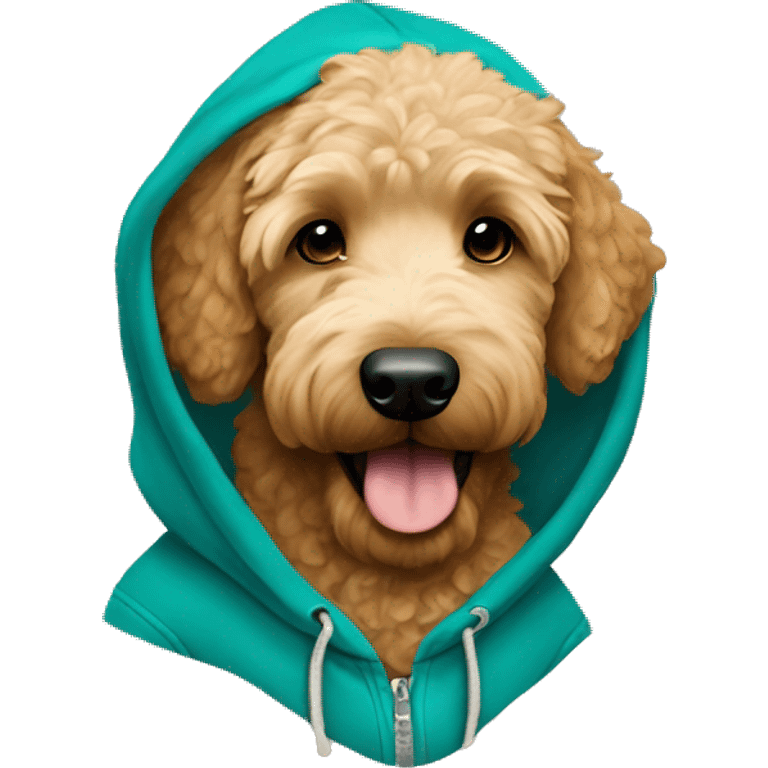 Goldendoodle wearing teal hoodie emoji