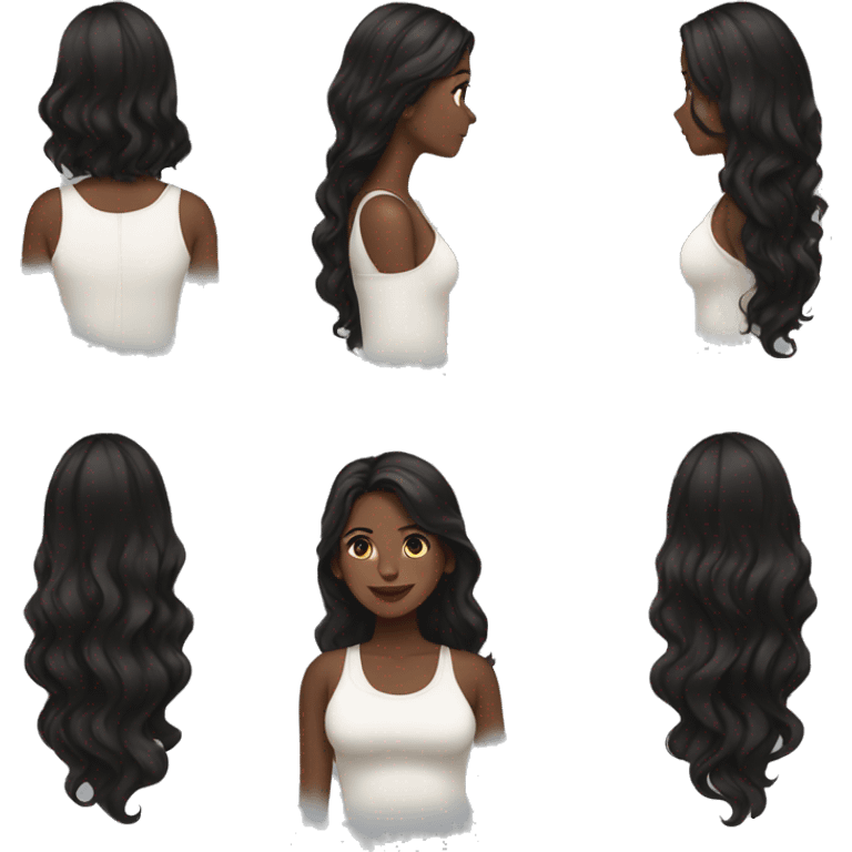 the back side of a brown women, with black hair, wavy long hair,  beach outfit emoji