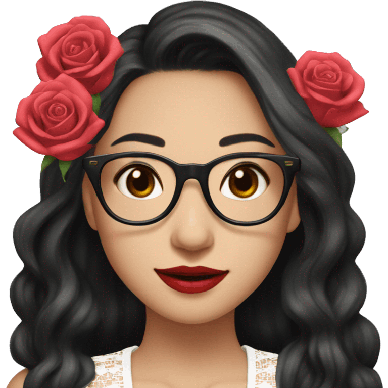 Asian girl, smiling with teeth, fair skin, black long hair, black eyes, black glasses with gold frames, red lipstick, wearing a white lace tank top and a black office jacket on top, with pink and red roses around her emoji