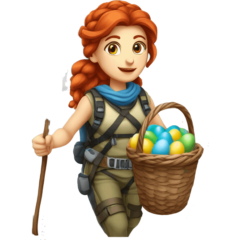 Greek Female winter mountaineer red hair white skin climbing with Greek Flag and Easter eggs basket emoji