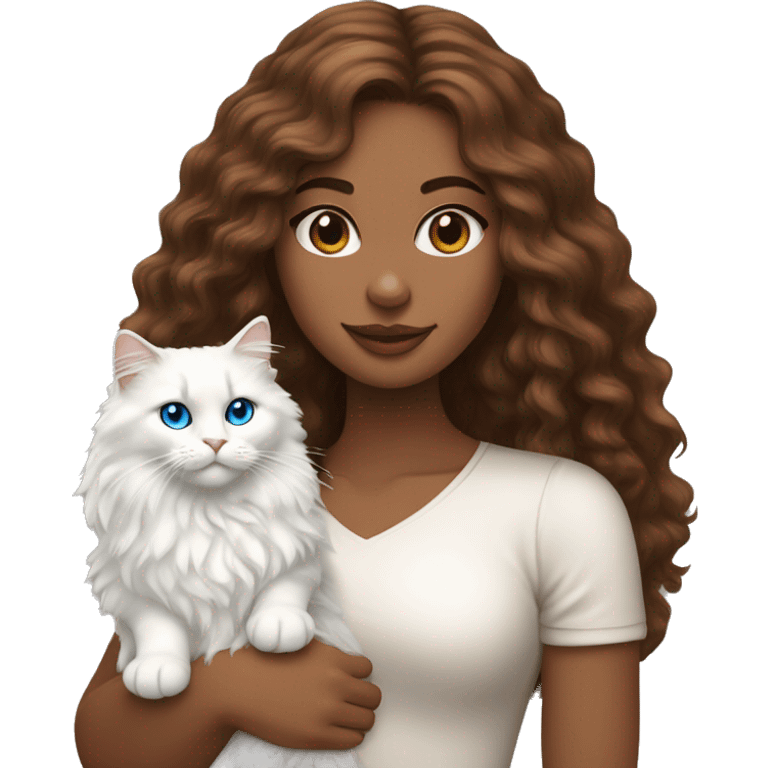 woman with long curly brown hair and holding a all white Siberian cat with blue eyes emoji