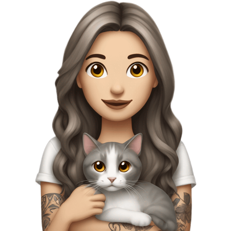 Beautiful brown haired tattooed woman holding gray and white long hair cat emoji