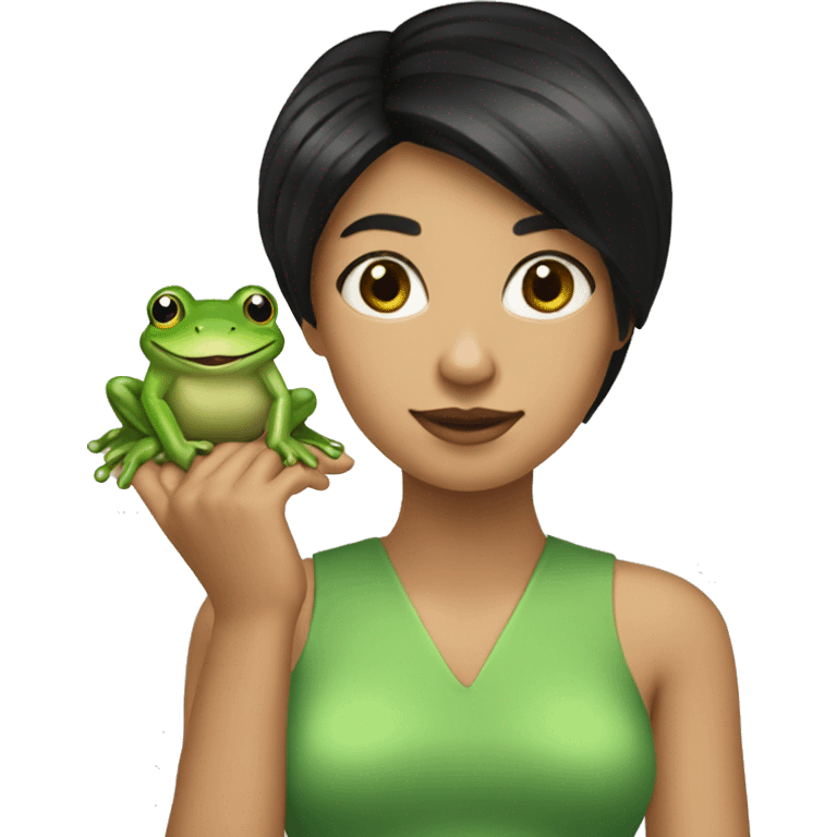 create a woman with straight, black hair with a frog in her hand emoji