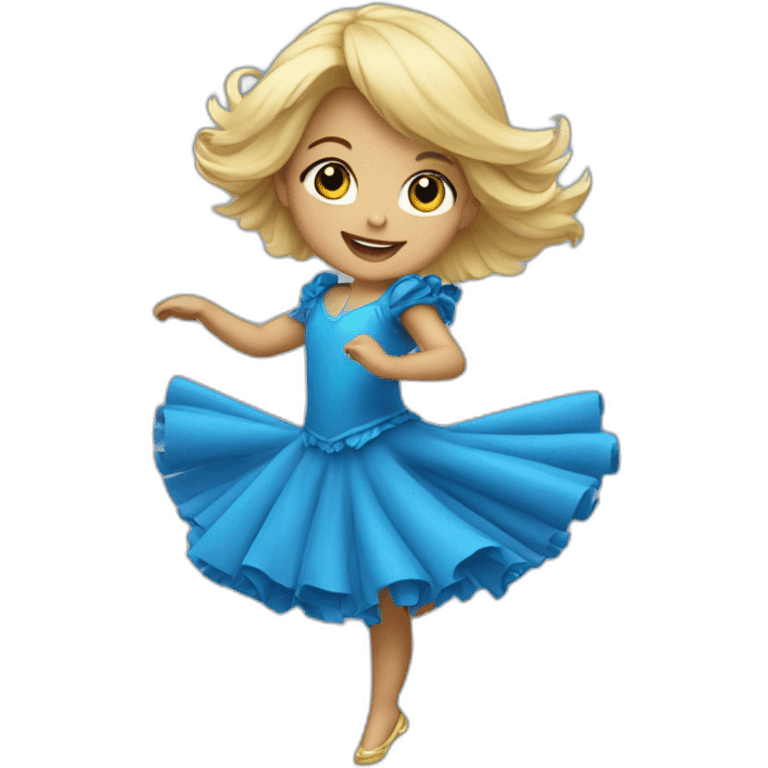 little blonde girl dancing in a blue bird costume emoji