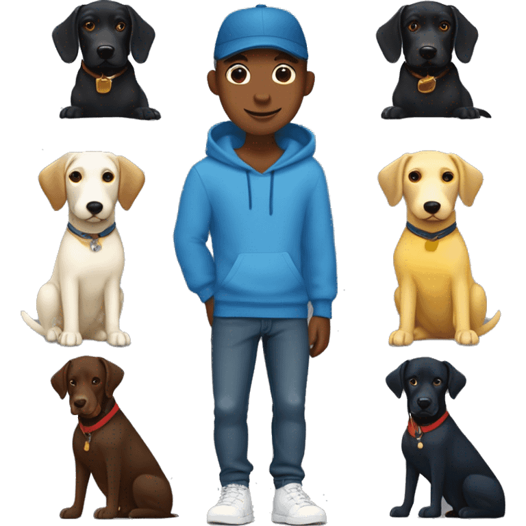 White Dog walker with short brown hair in blue hoodie, jeans, dark blue baseball cap with three black Labradors, three yellow Labradors, a chocolate Doberman with floppy ears and a black Doberman with floppy ears  emoji