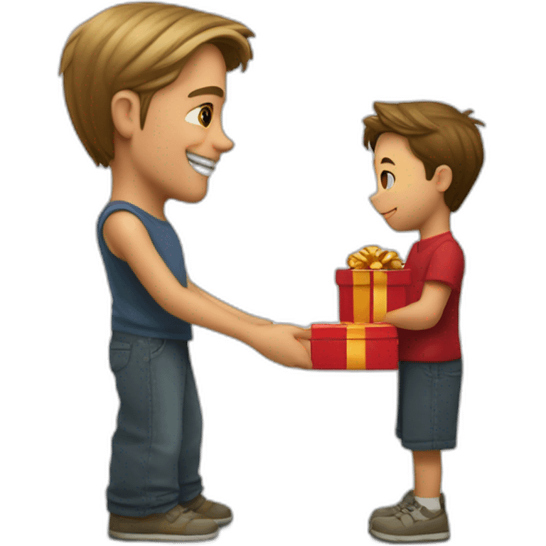 Brad Pitt on the left giving a red present to a smaller young student on the right emoji