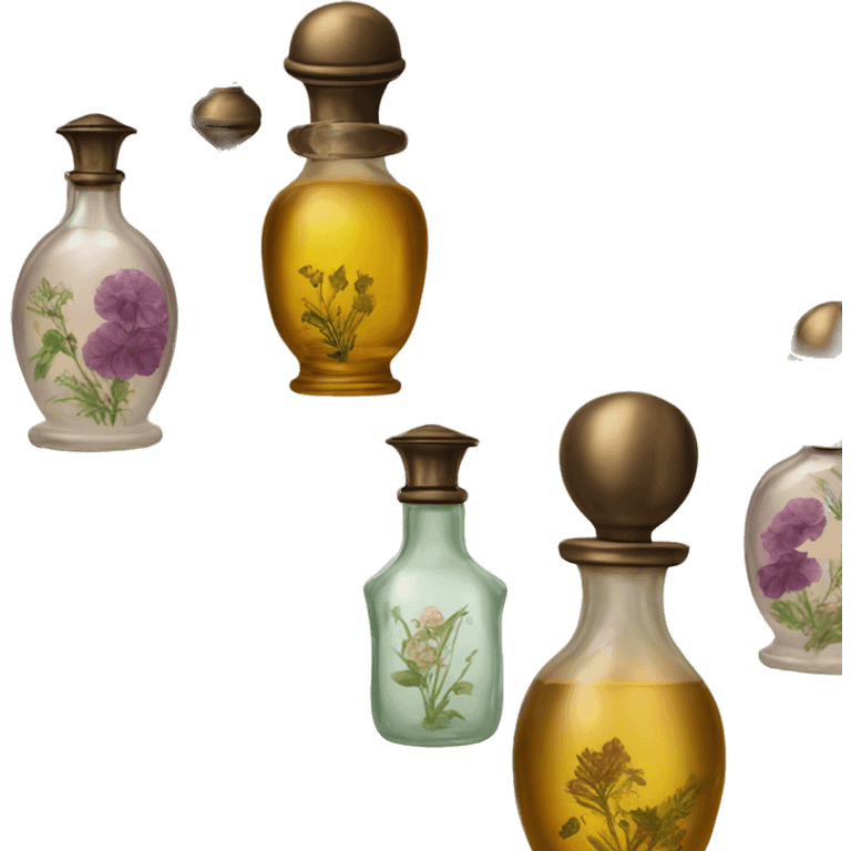 Antique oil perfume bottles with herbal and flowers emoji