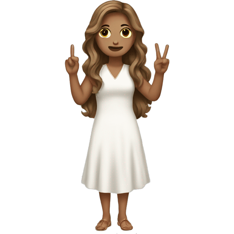 Brown long hair white girl holding up peace sign white dress emoji