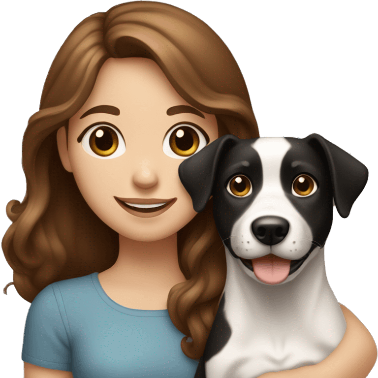 happy girl with brown hair blue eyes holding a black and white dog emoji