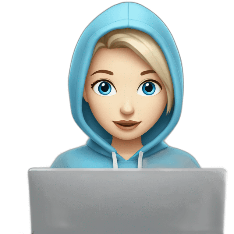 beautiful girl with computer,blue eyes,beautiful girl with short hair with computer,blue eyes,white skin, makeup, hoodie,short light-brown hair,code in background emoji