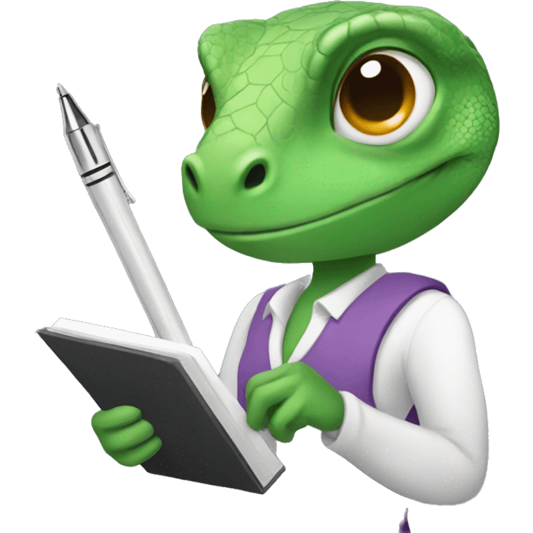 female lizard holding a pen and notepad emoji