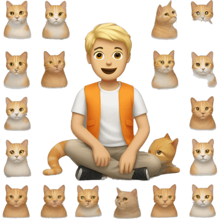 Man with blonde hair sitting with one orange cat and one beige cat emoji