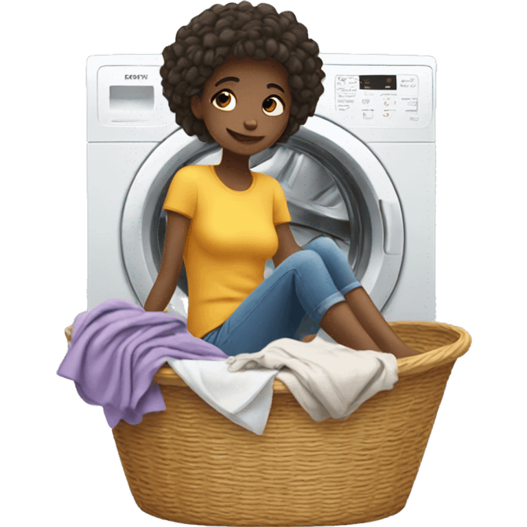 Girl laying on a tall pile of clothes in a laundry basket emoji