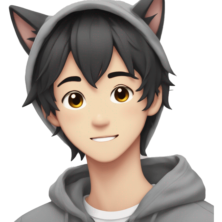 Gorgeous anime style Asian shojo guy with cat ears and blushing face and hoodie aesthetic trending style outside emoji