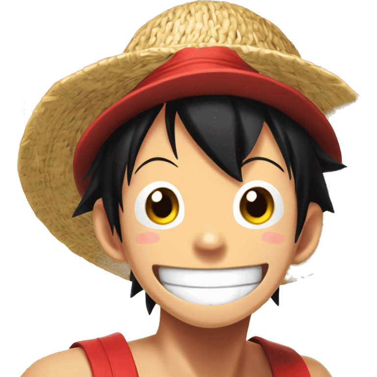 Monkey D LUFFY, Young guy with black hair in a red tank top, wearing a round straw hat with a  red ribbon is making an extremely goofy silly face with a huge smile emoji