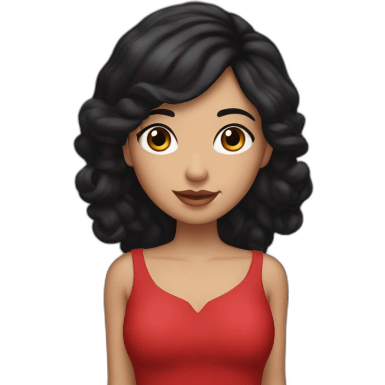 A girl with black hair and brown eyes, with long eyelashes, a loose red dress and red and black pants with star earrings. emoji