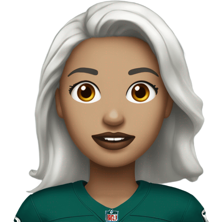  White skin female dark hair red lips wearing Philadelphia Eagles jersey emoji