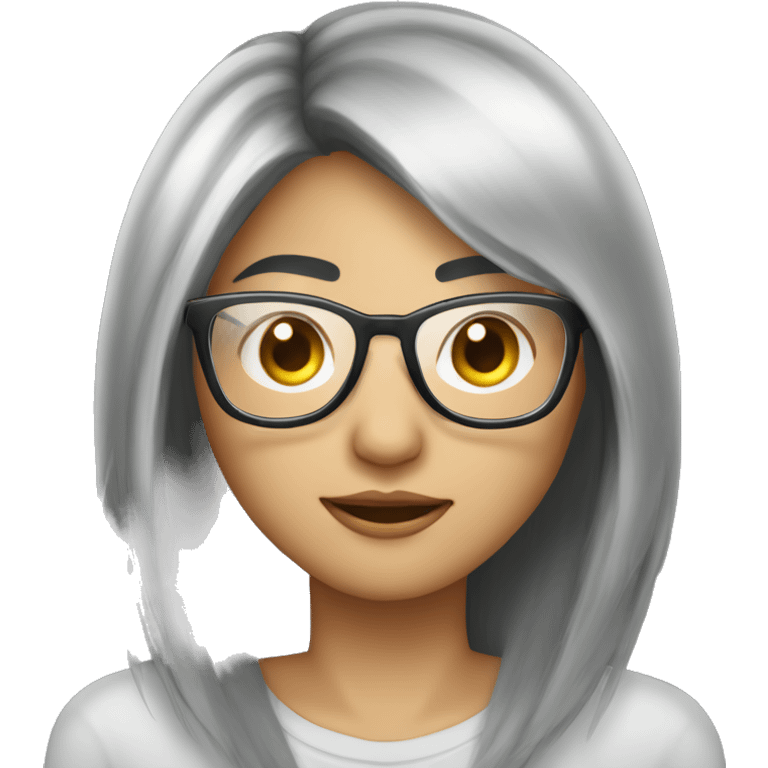 asian person with black feminine medium shot hair wearing silver glasses, heading peaking out from behind a silver macbook laptop emoji