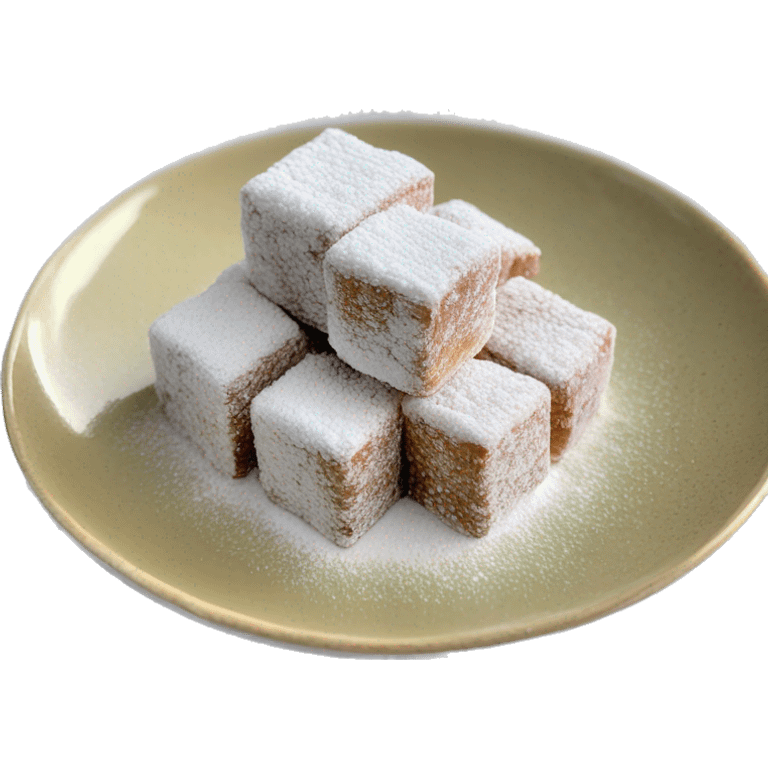 Turkish delight stacked cubes with chopped walnuts and covered with powdered sugar, on a porcelain plate emoji