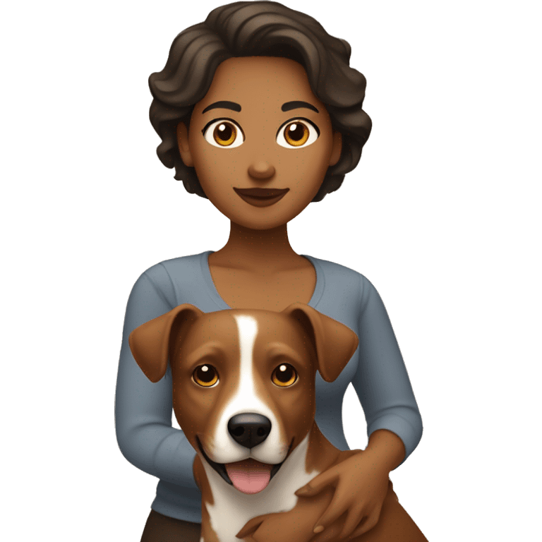 Apple style brown woman with short hair holding heeler dog emoji