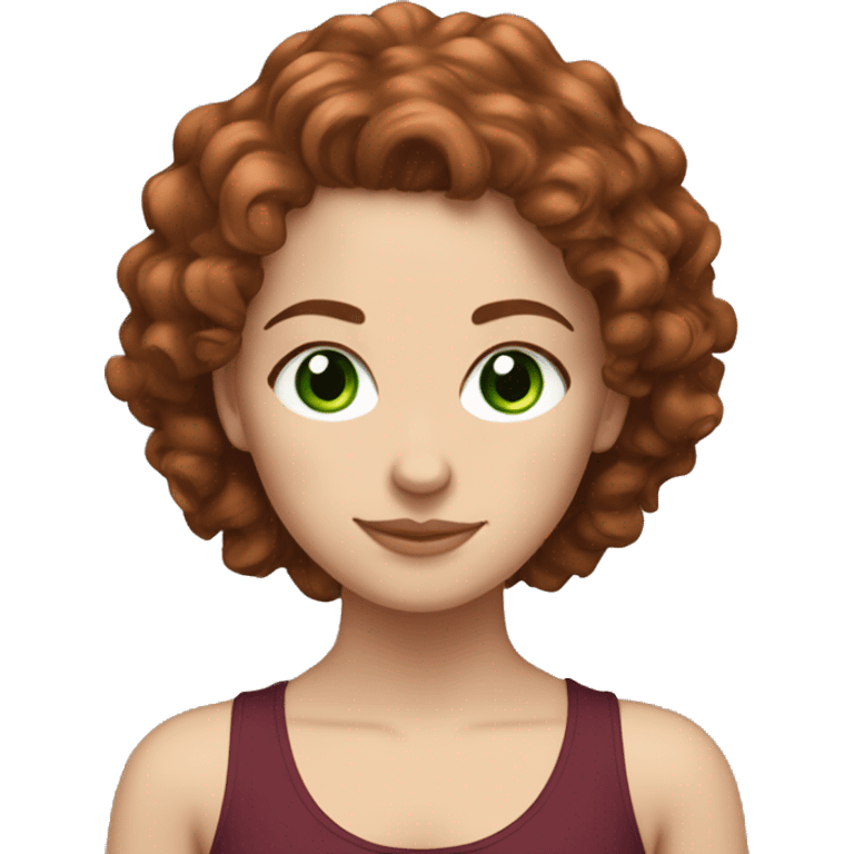 White girl beautiful with burgundy medium curly hair and green eyes doing yoga  emoji