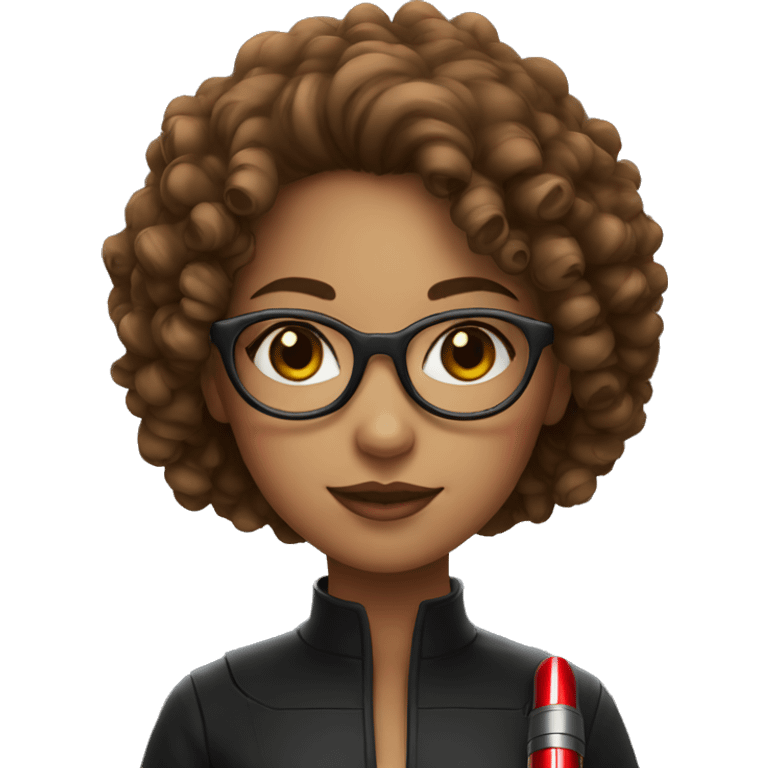 A girl with glasses,curly hair with a red lightsaber emoji