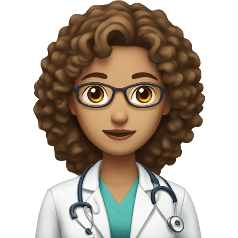 Doctor woman with curly brown long hair, brown eyes, medium skin emoji