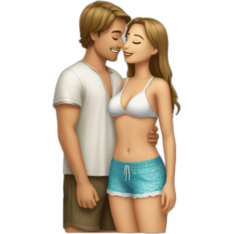 with beach clothes young metis man and white woman kiss love emoji