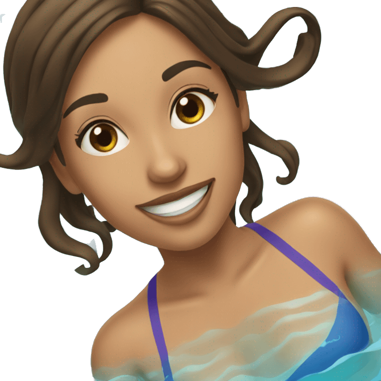 Brunette girl floating in the pool, wearing a tube around her emoji