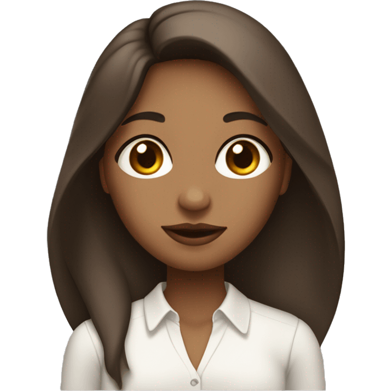 A brown girl with long straight hair and brown eyes, her nose is quite big and her lips are small. She’s wearing a white blouse  emoji