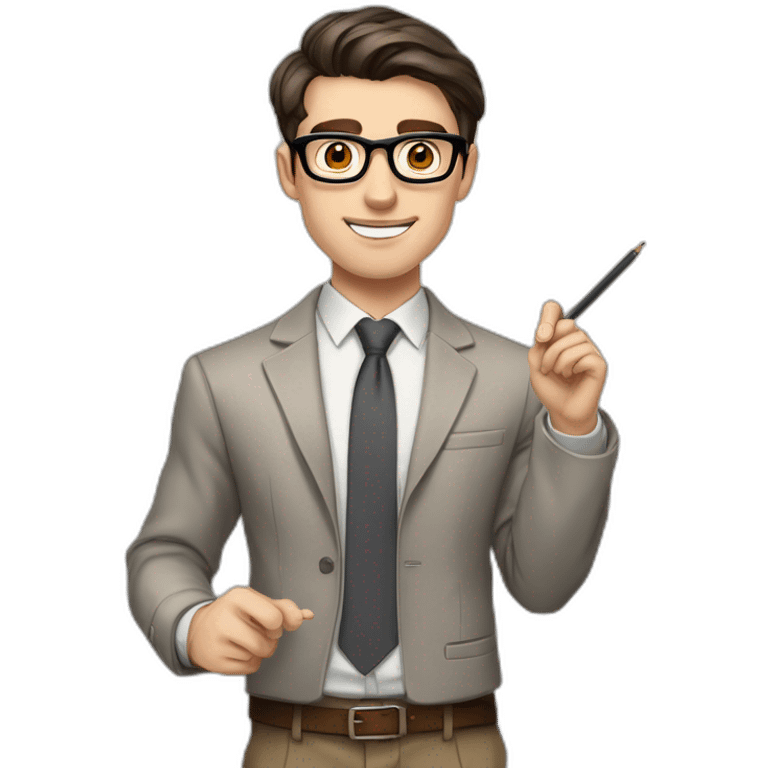 Pale skinned fit man with dark brown hair in gray jacket, beige office shirt, brown tie, brown pants and vintage glasses Writing on the flipchart emoji