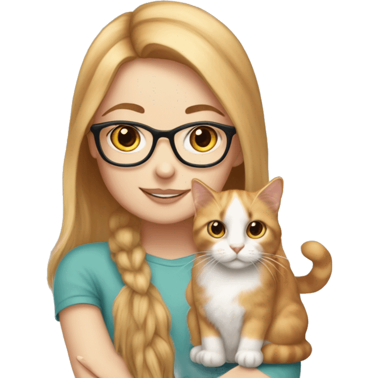 White skin strawberry-blonde haired girl with glasses holding long-haired calico cat emoji